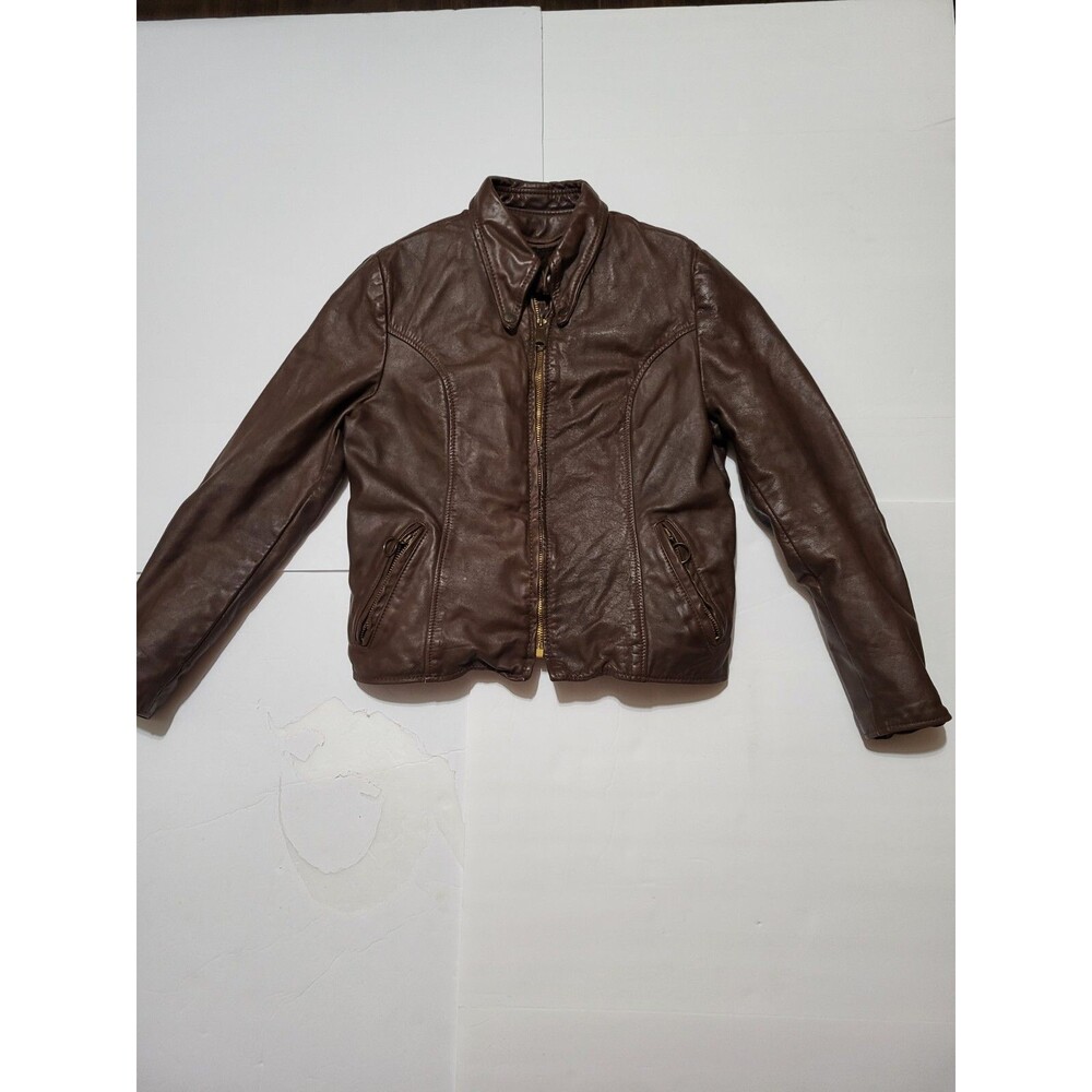 (Brooks Sportswear Leather Motorcycle Jacket Fur Lined Vintage Brown Size Wom 36